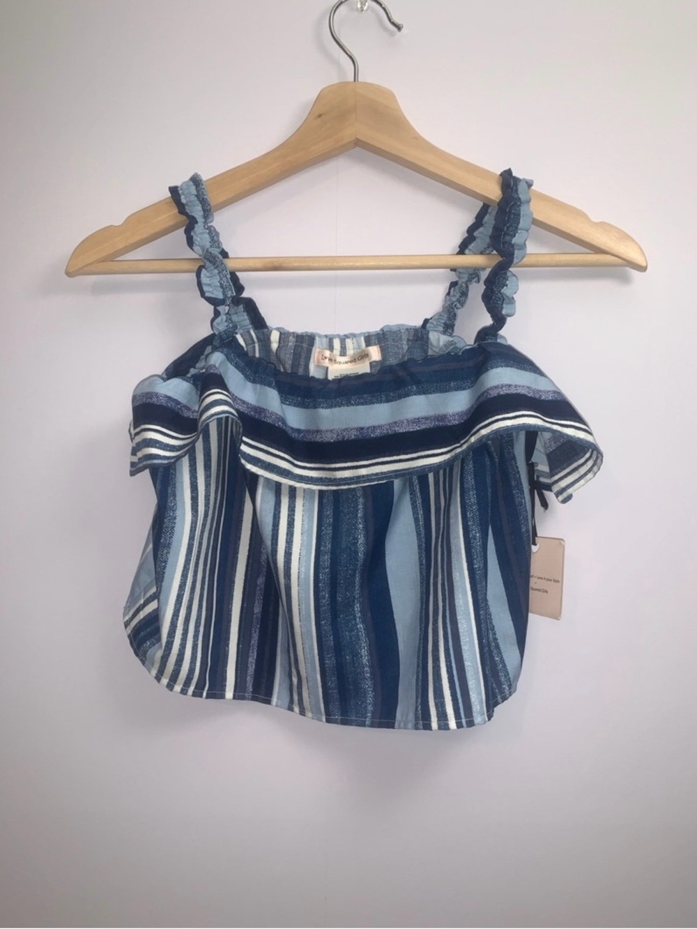 Love Squared Blue Striped Ruffle Cropped Tank